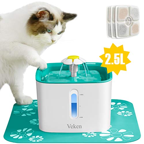 Product Cover Veken Cat Water Fountain, 2.5L Automatic Pet Water Fountain, Dog Water Dispenser with 3 Replacement Filters and 1 Silicone Mat for Cats and Small to Medium Dogs (Cyan)