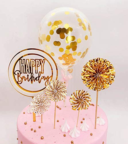 Product Cover DeMissir Happy Birthday Cake Toppers, A Series of Golden Paper Fans, 2 Layers Acrylic Round Happy Birthday White Golden Cupcake Topper, Confetti Balloon Birthday Cake Supplies Decorations Set-Golden2