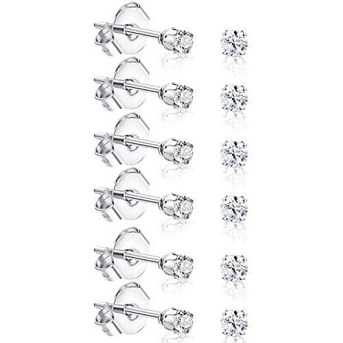 Product Cover UHIBROS Hypoallergenic Stainless Steel Stud Earrings Set 2mm Tiny Cubic Zirconia Ear Studs for Women Man 18K White Gold Plated 6 Pairs