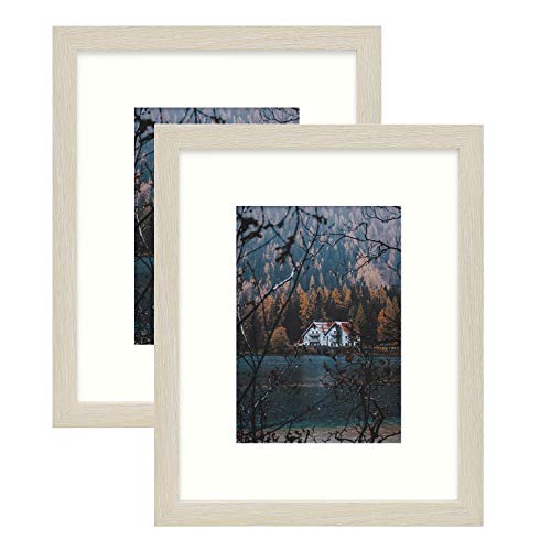 Product Cover Frametory, Frame with Ivory Mat for Photo, Smooth Wood Grain Finish Easel Stand, Sawtooth Hangers, Real Glass - Landscape/Portrait, Wall/Table Display (Rustic Beige, 8x10 Frame for 5x7 Photo, 2-Pack)