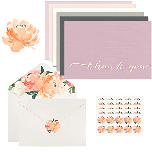 Product Cover Thank you Cards - 42 Bulk Blank Gold Foil & Linen Paper Set with 6 Colors, 7 of each, Watercolor Flora Envelope & Matching Stickers, Greeting Cards for Weddings Bridal Showers Baby Showers
