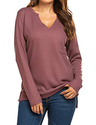 Product Cover Qearal Women's Waffle Knit Shirts Loose V Neck Pullover Sweater Tops with Pockets