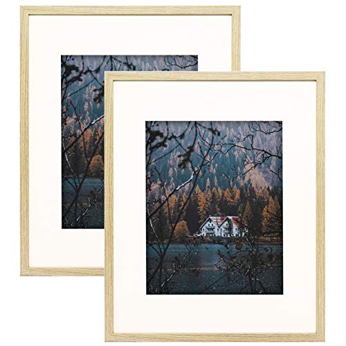 Product Cover Frametory, Frame with Ivory Mat for Photo - Smooth Wood Grain Finish - Sawtooth Hangers, Real Glass - Landscape/Portrait, Wall Display (Beige, 16x20 Frame for 11x14 Photo, 2-Pack)