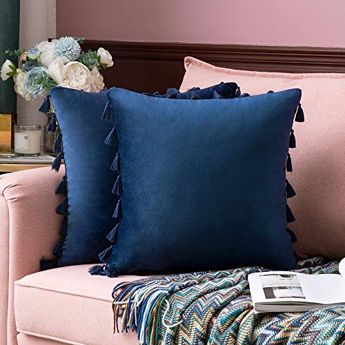Product Cover MIULEE Pack of 2 Velvet Soft Solid Decorative Throw Pillow Cover with Tassels Fringe Boho Accent Cushion Case for Couch Sofa Bed 18 x 18 Inch Navy Blue