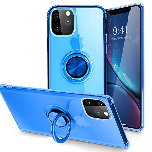 Product Cover iPhone 11 Pro Max Case 6.5 inch 2019, Clear Body Soft TPU Shockproof Case with 360 Degree Rotation Button Bounce Ring Holder Kickstand(Work with Magnetic Car Mount) for iPhone 11 Pro Max, Blue