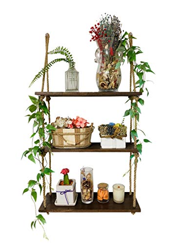 Product Cover JERRY HOUSE - 3 Tier Hanging Wall Shelf with Hooks - Wood Swing Storage Shelves, Jute Rope Organizer Rack - Plant Shelves, Floating Collectibles Display - Suitable for Living Room, Bathroom, Kitchen
