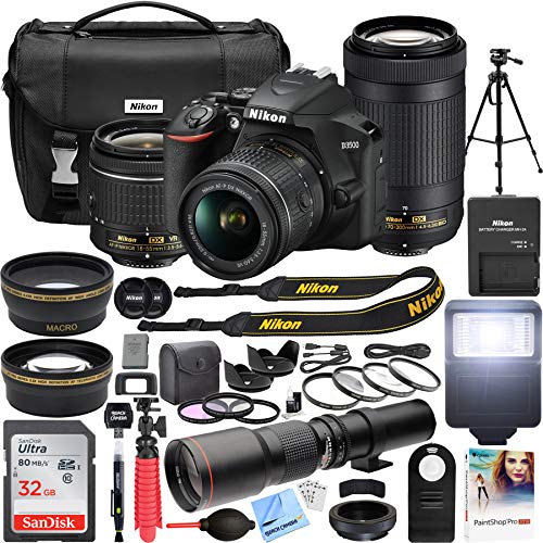 Product Cover Nikon D3500 DSLR Camera with 2 Lens NIKKOR AF-P DX 18-55mm f/3.5-5.6G VR and 70-300mm f/4.5-6.3G ED Dual Zoom Lens Bundle with 500mm Preset f/8 Telephoto Lens and Accessories (22 Items)