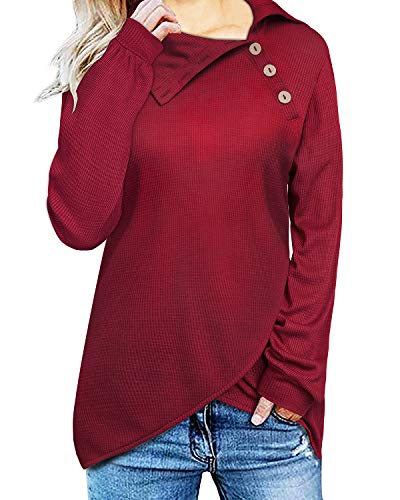 Product Cover STYLEWORD Women's Long Sleeve Button Turtle Cowl Neck Shirt Asymmetric Hem Wrap Pullover Sweatershirts Top(Wine-558, M)