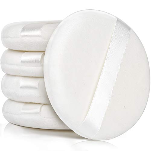 Product Cover 5pcs Body Powder Puff, YGDZ 4 Inch Large Round Loose Powder Puffs with Ribbon Ultra Soft Washable Velour Fluffy Powder Puff for Body Powder, White