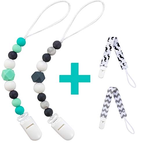 Product Cover Silicone Pacifier Clip for Baby Boys & Girls, 4 Pack Paci Clips Teething Beads BPA Free Binky Holder for Teether Toys Birthday Christmas Baby Shower Gift (Green, Grey)