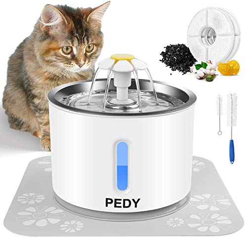 Product Cover pedy Cat Water Fountain Stainless Steel, Automatic Pet Fountain with LED Light Switch & Water Level Window, Dog Water Dispenser with 2 Replacement Filter and Flower Silicone Mat, 81oz/2.4L