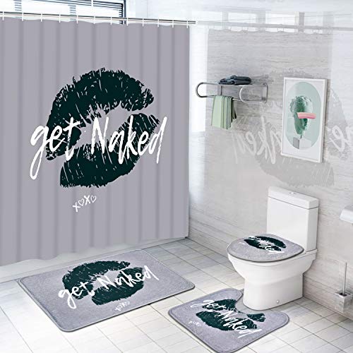Product Cover 4 Pcs Funny Get Naked Shower Curtain Set with Non-Slip Rug, Toilet Lid Cover, Bath Mat and 12 Hooks, Get Named Waterproof Shower Curtain Set for Bathroom