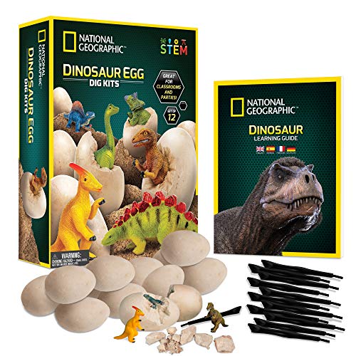 Product Cover NATIONAL GEOGRAPHIC Dinosaur Dig Kit - 12 Dino Egg Shaped Dig Bricks with Dinosaur Figures Inside, Party Activity comes with 12 Excavation Tool Sets, Great STEM Toy for Boys and Girls or Fun Party