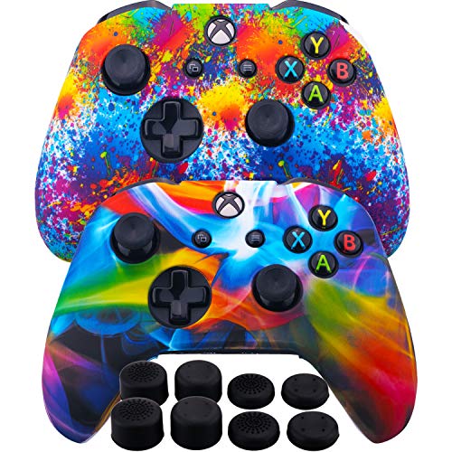 Product Cover MXRC Silicone Rubber Cover Skin Case Anti-slip Water Transfer Customize Camouflage for Xbox One/S/X Controller x 2(Rainbow Pack) + FPS PRO Extra Height Thumb Grips x 8