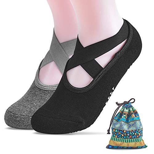 Product Cover Yoga Socks for Women with Bag Non Slip Skid Slipper Socks Grips Pilates Ballet Barre Sock(Black Grey -2Pack)