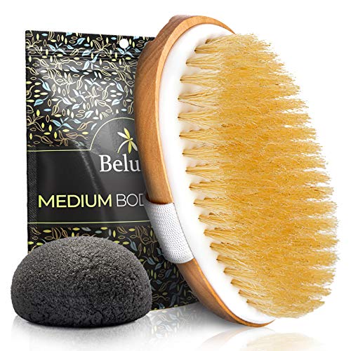 Product Cover Dry Brushing Body Brush - Medium Soft Dry Brush for Cellulite and Lymphatic. For Beginners. Exfoliating Skin Brush and Free Konjac Sponge, for a Softer, Glowing Skin