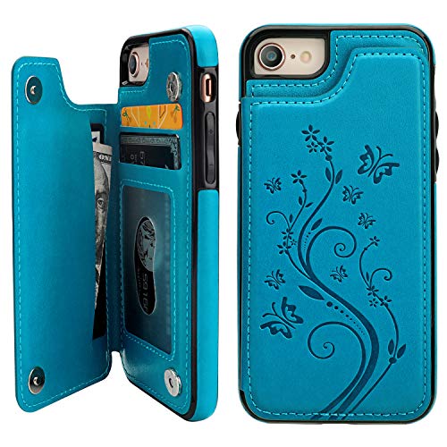 Product Cover Vaburs iPhone 7 iPhone 8 Case Wallet with Card Holder, Embossed Butterfly Premium PU Leather Double Magnetic Buttons Flip Shockproof Protective Cover for iPhone 7 iPhone 8 Case(Blue)