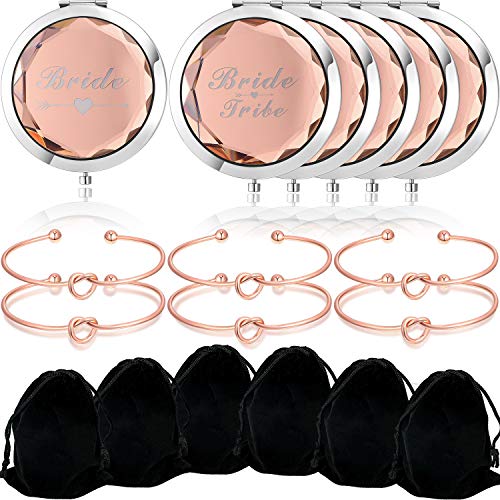 Product Cover 6 Pack Compact Pocket Bride Makeup Mirrors and 6 Pack Bridemaid Love Knot Bracelets for Bridal Shower Hen Party Bridesmaid Proposal Gifts (Rose Gold)