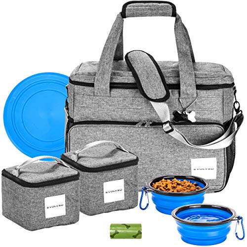 Product Cover Dog Travel Bag by Evolved - Supply Bag for Pets with 2 Food Storage Containers, 2 Collapsible Dog Bowl and Frisbee - Complete Traveling Gear Tote Bag for Dogs - Ergonomic and Compact Design