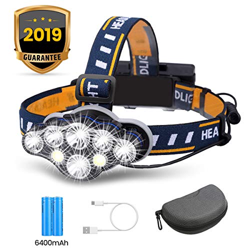 Product Cover Rechargeable Headlamp, OUTERDO 8 LED Headlamp Flashlight 13000 Lumens 8 Modes with USB Cable 2 Batteries, Waterproof LED Head Torch Head Light with Red Light for Camping Fishing, Car Repair, Outdoor