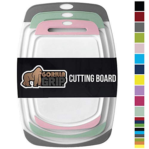 Product Cover GORILLA GRIP Original Oversized Cutting Board, 3 Piece, BPA Free, Dishwasher Safe, Juice Grooves, Larger Thicker Boards, Easy Grip Handle, Non Porous, Extra Large, Set of 3, Gray, Mint, Pink