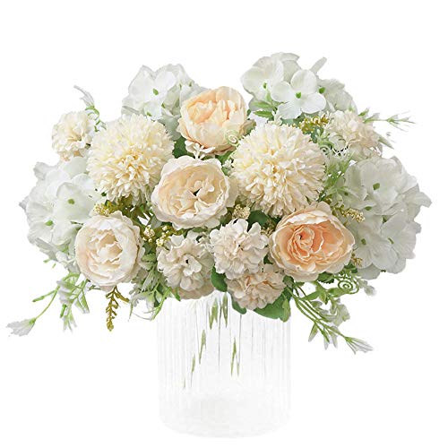 Product Cover KIRIFLY Artificial Flowers, Fake Peony Silk Hydrangea Bouquet Decor Plastic Carnations Realistic Flower Arrangements Wedding Decoration Table Centerpieces 2 Packs (White)