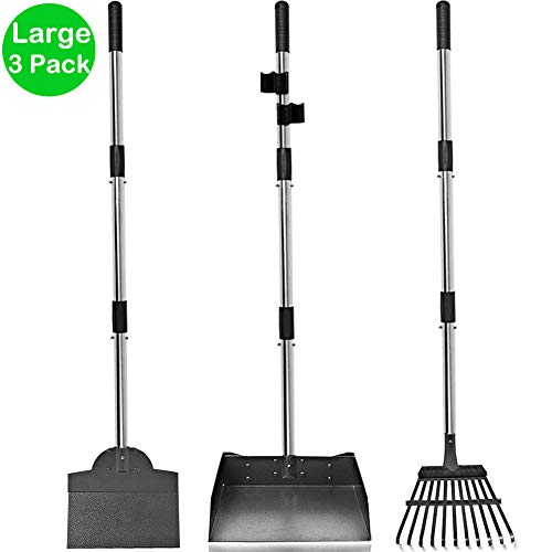 Product Cover Upgraded Dog Pooper Scooper for Large Dogs, 3 Pack Adjustable Long Handle Metal Tray, Rake and Spade Poop Scoop with Bin for Pet Waste Removal, No Bending Clean Up for Medium and Large Dogs
