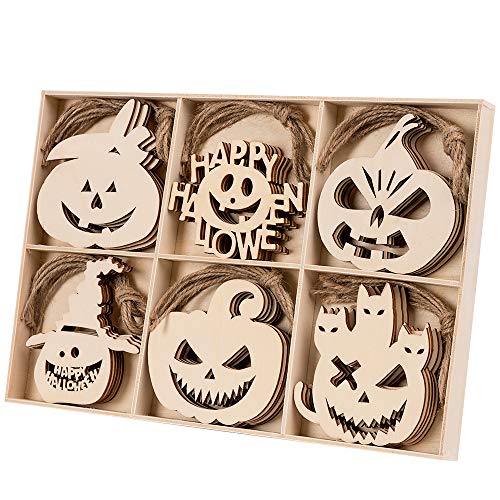 Product Cover MACTING Wooden Hanging Ornaments, 30PCS Hanging Halloween Decorations Pumpkin Embellishments Hanging Decoration, Cutouts Wood Crafts Slices with Hemp Ropes for Halloween Party Decorations