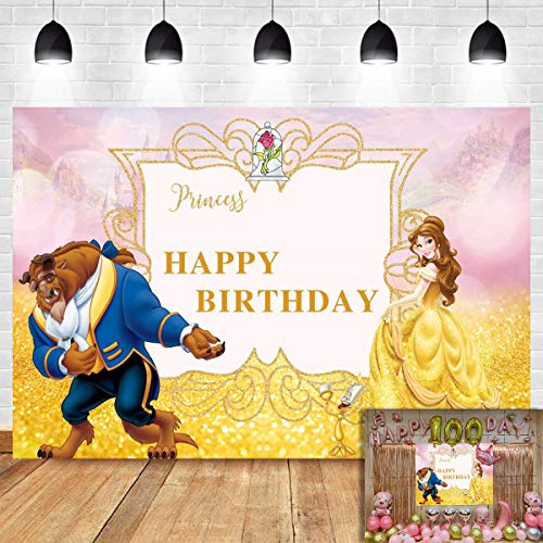 Product Cover Beauty and The Beast Photography Backdrop for Children Happy Birthday Party Decoration Banner Photo Background Gold Princess Photo Booth Studio Props Supplies Baby Shower Dessert Table Vinyl 5x3ft