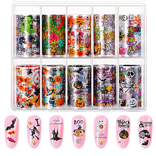 Product Cover 10 Sheets Halloween Art Nail Foil Transfer Stickers, Nail Decals Transfer Foil Box, DIY Decoration for Women and Kids, 10 Colors (Halloween Patterns)