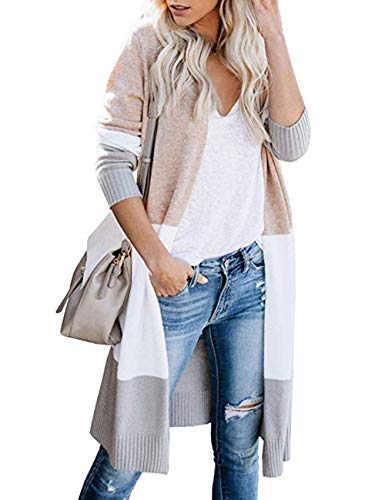 Product Cover shermie Cardigan Sweaters for Women Colorblock Lightweight Open Front Long Cardigan Sweaters Khaki S