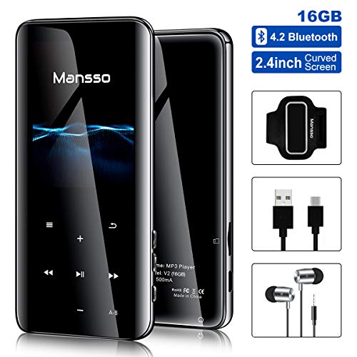Product Cover Mp3 Player, Mansso 16GB MP3 Players with Bluetooth 4.2, Portable HiFi Lossless Sound Music Player with 2.4'' Curved Screen, FM Radio Voice Recorder E Book, Expandable up to 128 GB (Black)