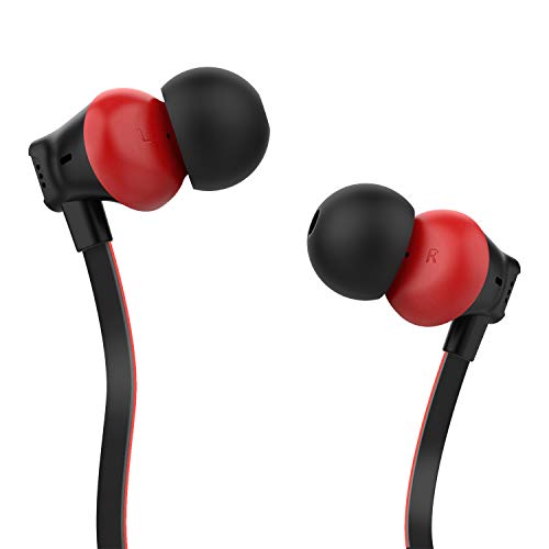 Product Cover Earbuds, Vogek Tangle-Free Flat Cord Ergonomic in-Ear Headphones with Dynamic Crystal Clear Sound, Earphones with S/M/L Eartips Compatible with Samsung, Android Phone and More (Black-Red)