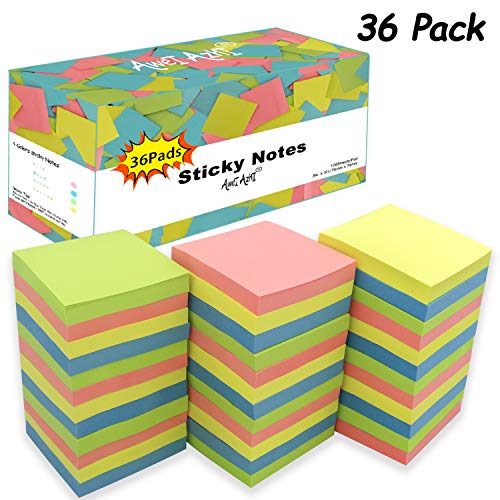 Product Cover Sticky Notes 3x3, Self-Stick Notes, 36 Pads, 100 Sheets/Pad, Assorted Colors Stickies, Easy to Post Notes for Study, Works, Daily Life (36)