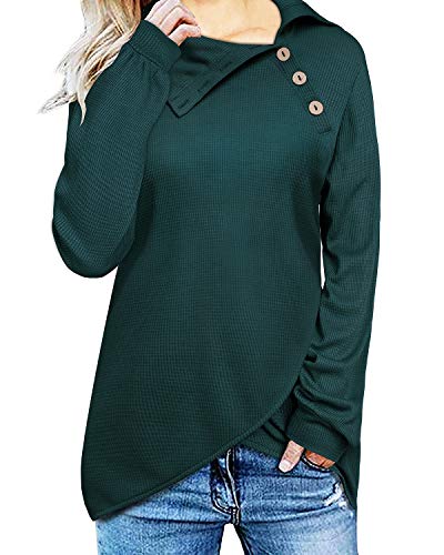 Product Cover STYLEWORD Women's Long Sleeve Button Turtle Cowl Neck Shirt Asymmetric Hem Wrap Pullover Sweatershirts Top(Green-558, L)