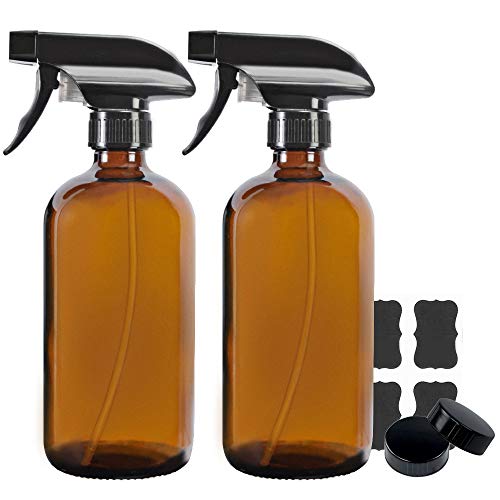 Product Cover 2 Pack 16 oz Amber Boston Glass Spray Bottles,Refillable Trigger Sprayers with Mist & Stream for Essential Oils, Bath, Beauty, Hair & Cleaning Products.Include 2 Durable Caps and 4 Chalk Labels.