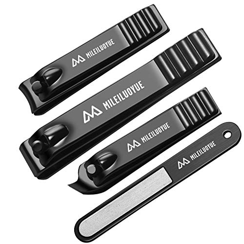 Product Cover MILEILUOYUE Nail clippers set black stainless steel nail cutter& sharp oblique toe nail clipper & nail file 4 pieces, metal tin box for men and women suitable for gifts.