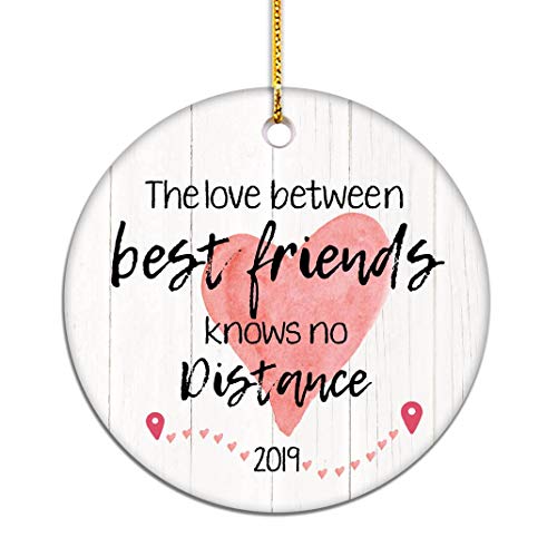Product Cover VILIGHT Long Distance Friends Gifts 2019 Christmas Ornament - 2.75 Inch Flat Circle Ceramic Decor with Tag & Gold Ribbon