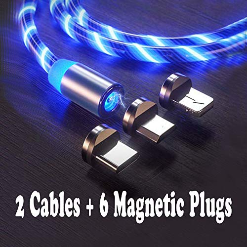 Product Cover 2 Pack LED Flowing Magnetic Charger Blue Cable Light Up Candy Moving Shining Charger Phone Charging Cable Magnetic streamer absorption USB Snap Quick Connect 3 in 1 USB Cable (2 Cables+6 Magnetic Plug