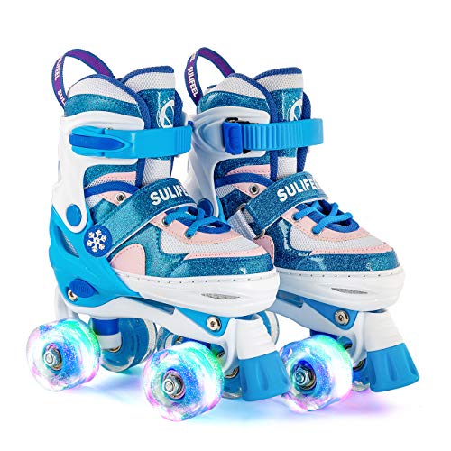 Product Cover SULIFEEL Rainbow Unicorn 4 Size Adjustable Light up Roller Skates for Girls Boys for Kids (Frozen Blue, Medium(Y13-3 US))