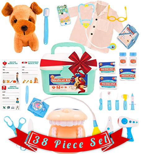 Product Cover Pretend Medical Kit - Doctor Kit for Kids with Lab Coat - Dentist Kit and Veterinarian Kit for Kids with Teeth Set and Dog patients - Doctor, Nurse, Dentist or Veterinarian