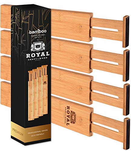 Product Cover ROYAL CRAFT WOOD Adjustable Bamboo Drawer Dividers Organizers - Expandable Drawer Organization Separators for Kitchen, Dresser, Bedroom, Bathroom and Office, 4-Pack, 13.25-17.25 in