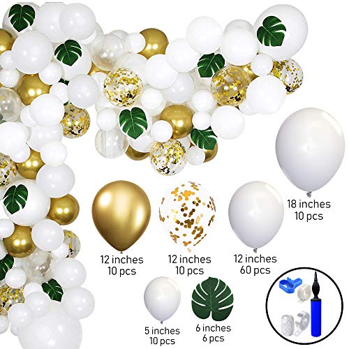 Product Cover Balloon Garland Arch Kit| White Gold Confetti Balloons| 111 PCS Package| 6 PCS Leaves, Inflator Included| Balloons for Parties, Party Wedding Birthday Balloons, Baby Shower Decorations for Girl Boy