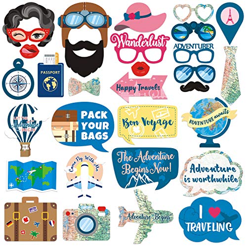 Product Cover Yaaaaasss! Adventure Awaits Photo Booth Props for Travel Themed Bon Voyage Farewell Retirement Party Supplies Props Kit - 31 Count