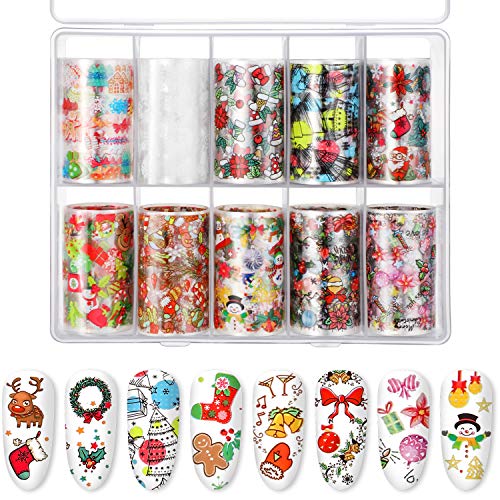 Product Cover 10 Sheets Nail Decals Art Nail Foil Transfer Stickers, Decals for Nail Art, DIY Decoration for Women and Kids, 10 Colors (Christmas Patterns)