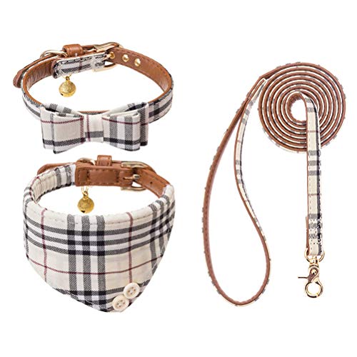 Product Cover EXPAWLORER Bow Tie Dog Collar and Leash Set Classic Plaid Adjustable Dogs Bandana and Collars with Bell for Puppy Cats 3 PCS Beige