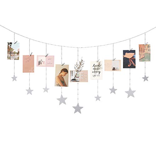 Product Cover Mkono Hanging Photo Display Wood Stars Garland with Chains Picture Frame Collage with 30 Wood Clips Wall Art Decoration for Home Office Nursery Room Dorm Holiday Card Display, Silver