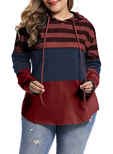 Product Cover LALAGEN Womens Plus Size Casual Color Block Hoodies Drawstring Pullover Sweatshirt Shirt Top Red S