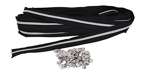 Product Cover Mandala Crafts Sewing Zipper Roll for Sewing, Replacements, Upholstery with Metallic Nylon Coils, Long Metal Slider Pulls (Black Tape Silver Teeth, Size 5 10 Yards)