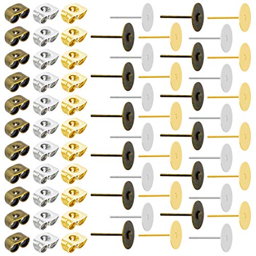 Product Cover Tongcloud 300 Pairs Stainless Steel Earrings Posts Flat Pad with Butterfly Earring Backs for Earring Making Findings (Silver, Gold, Bronze, 6mm)